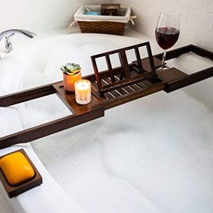 SemplicePulito Luxury Bamboo Bathtub Caddy Tray | Adjustable Book/Tablet Holder